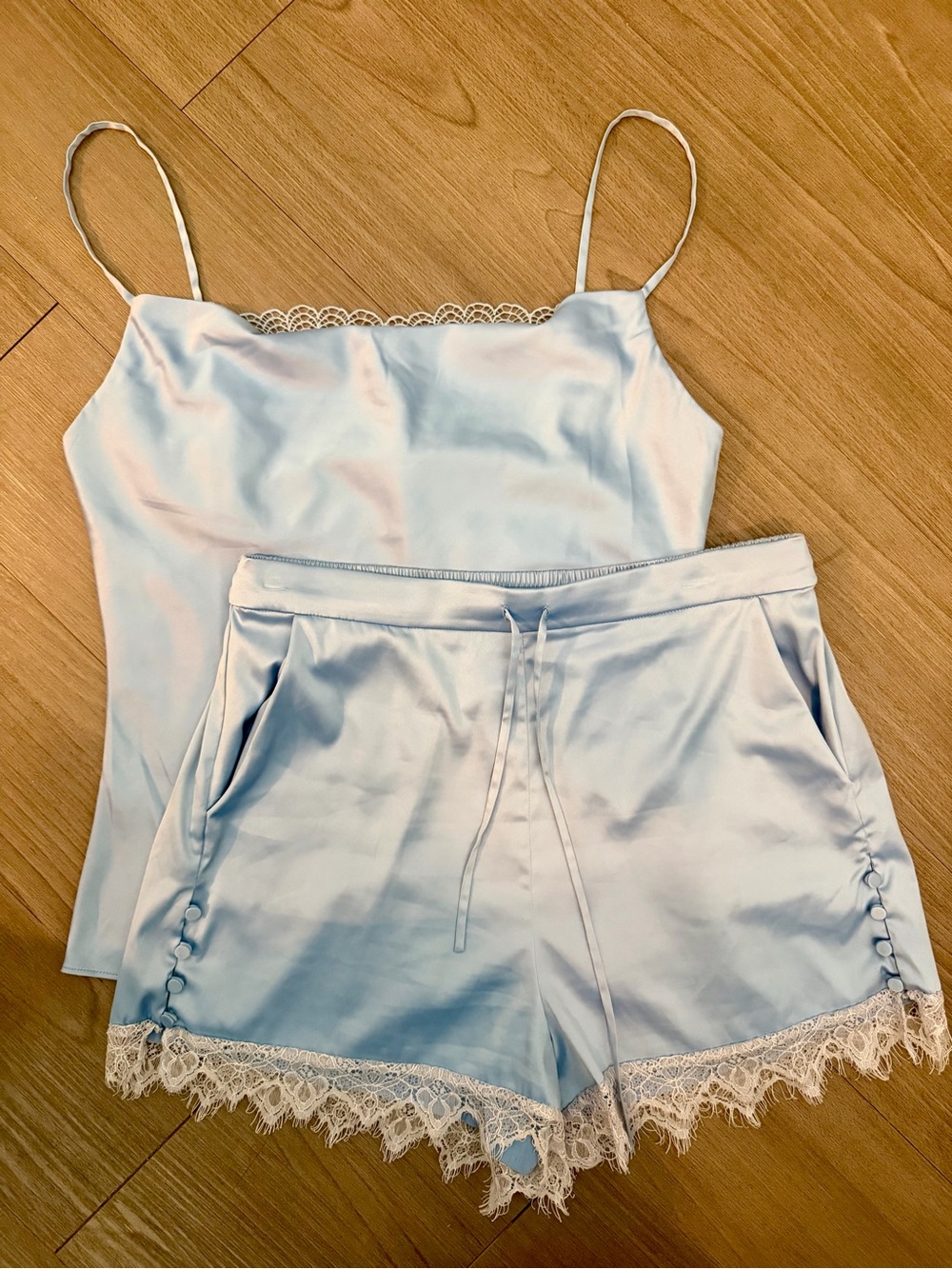 NIGHTNIGHT BY JONATHAN SIMKHAI Satin Cowl Neck Lace Camisole & Shorts Set Sky